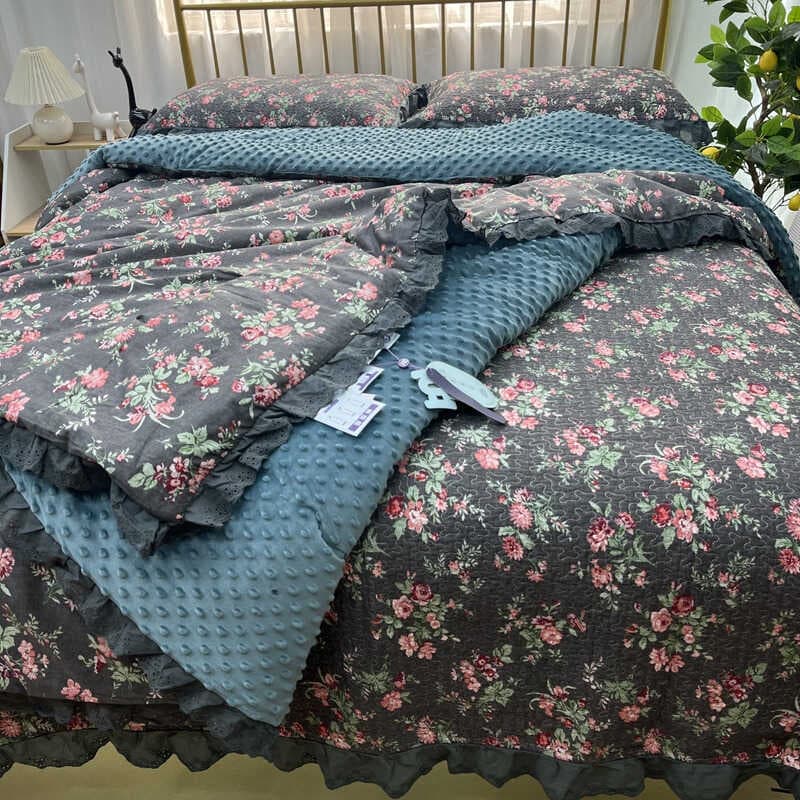 Ins estilo puro algodão de alta temperatura lavagem de areia acolchoado capa de cama conjunto de três peças Pastoral cor