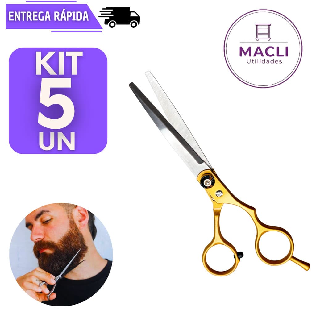 Jogo 5 Tesoura Profissional 6 Polegadas Aço Inox Corte Preciso Não Mastiga Barbeiro Cabelo Cabeleireiro Tesouras Barba