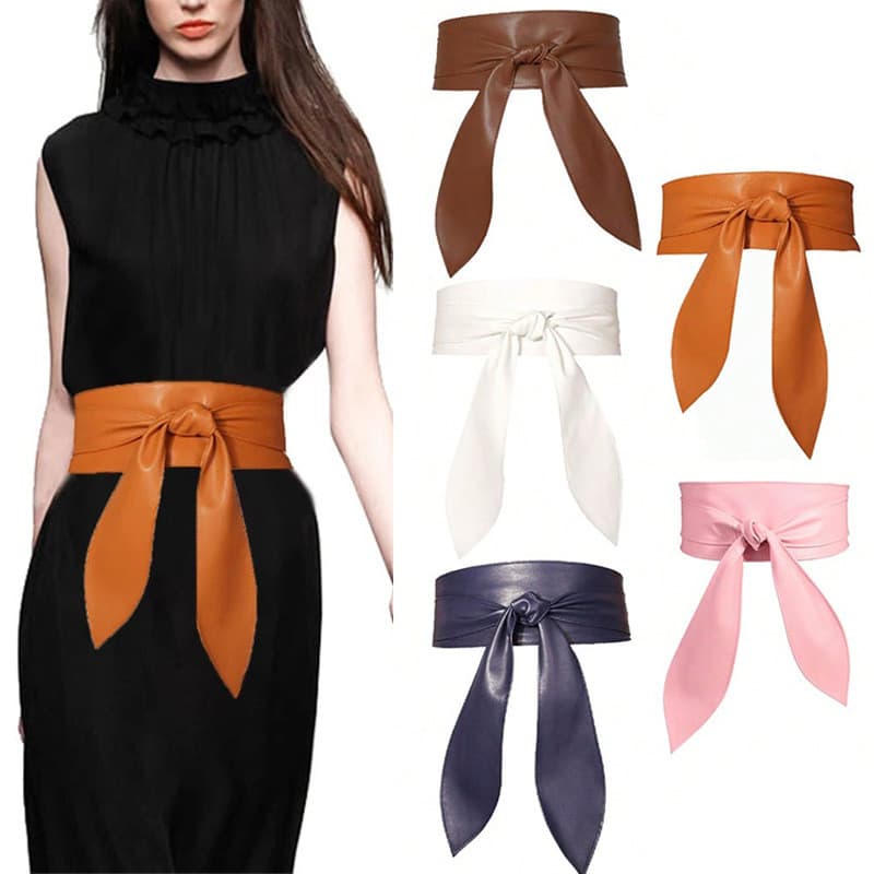 Cinto Largo De Couro Sintético Com Nó De Gravata Obi Multicolorido Para Vestidos , Blusas E Casaco Estilo Novo
