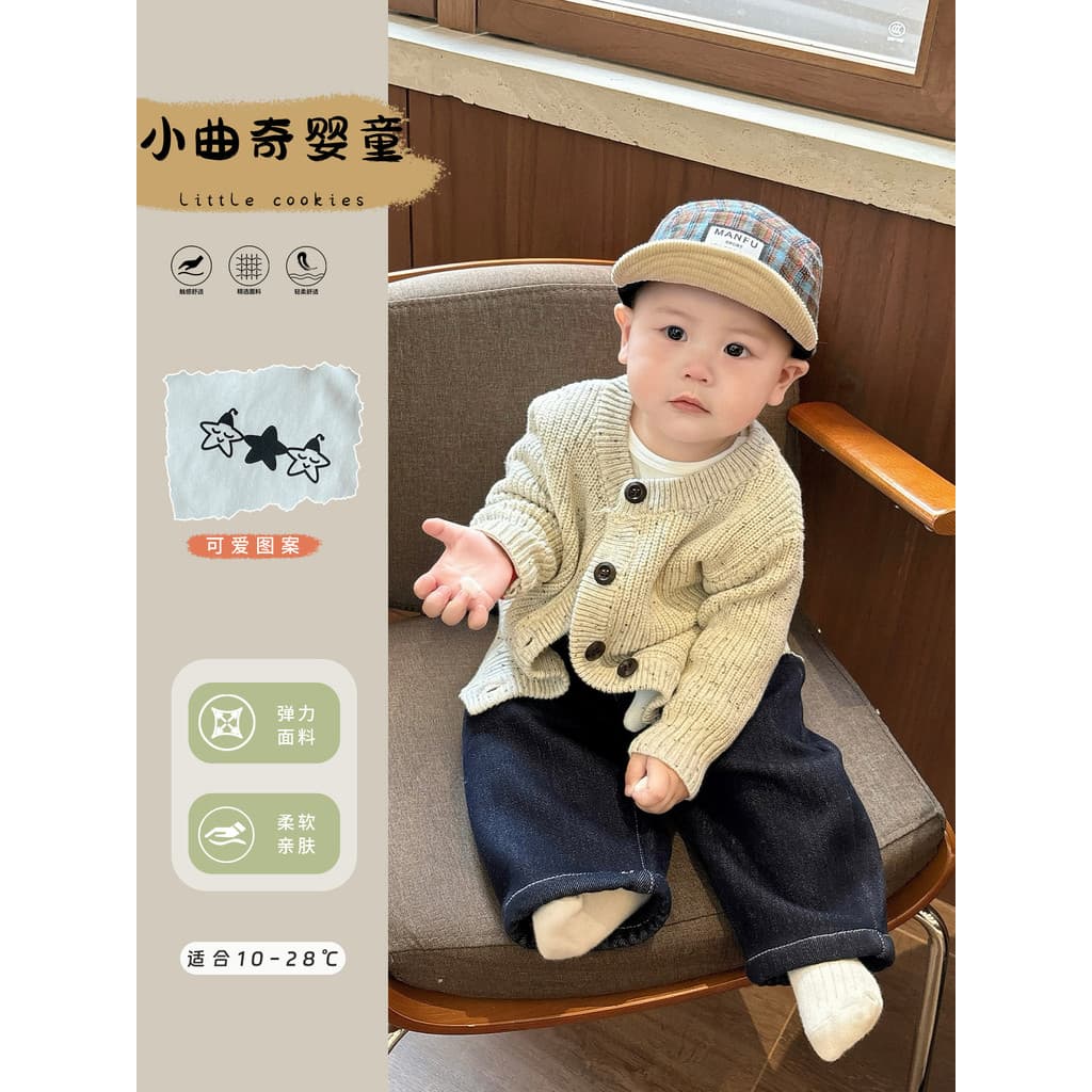 Bebê primavera roupas versão coreana Cardigan primavera outono estilo ocidental malhas terno do bebê com Jeans de veludo