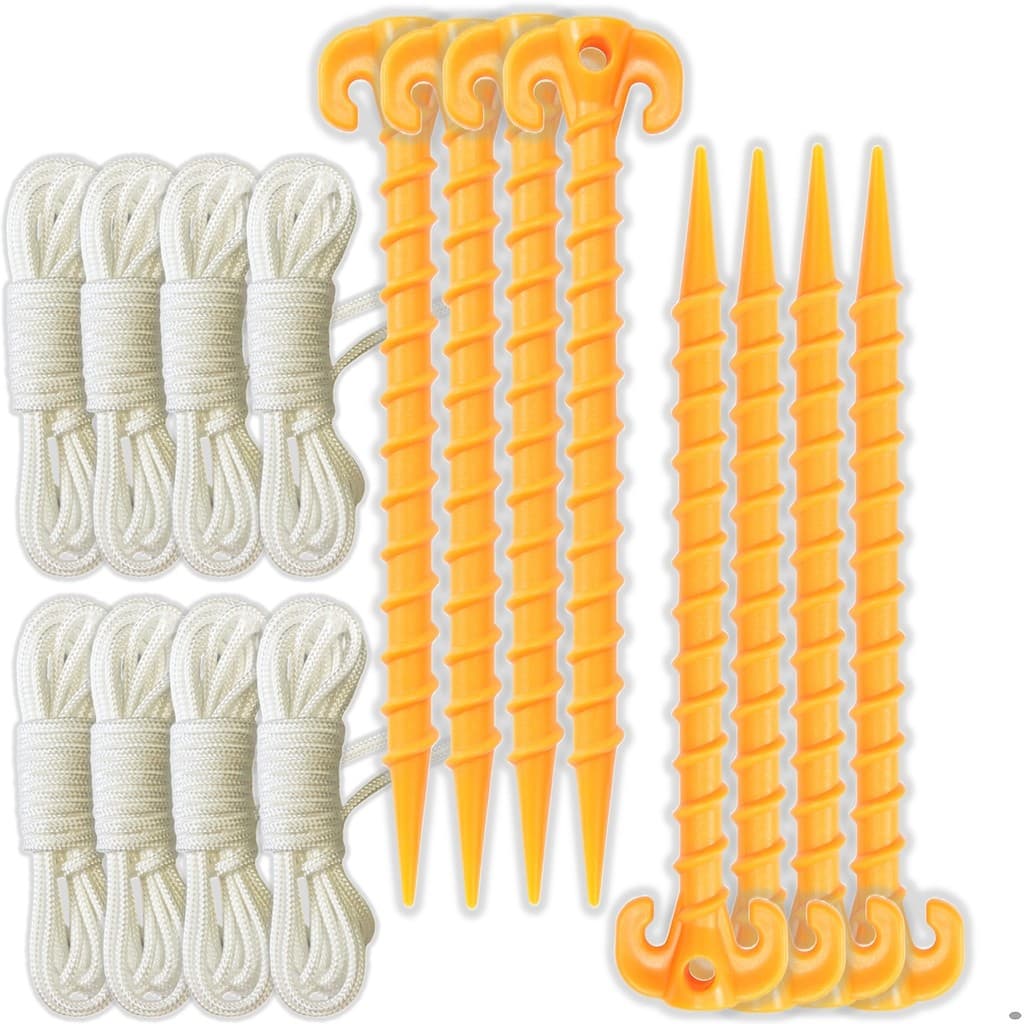 Kit 8 Estacas De Rosca 20cm Espeque Para Barraca Camping Praia com 8 Cordelete 3mt cada