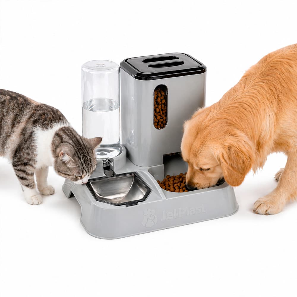 Kit Comedouro e Bebedouro Automático JelPlast Premium Cinza Dispenser Ração Água Cães e Gatos por Gravidade
