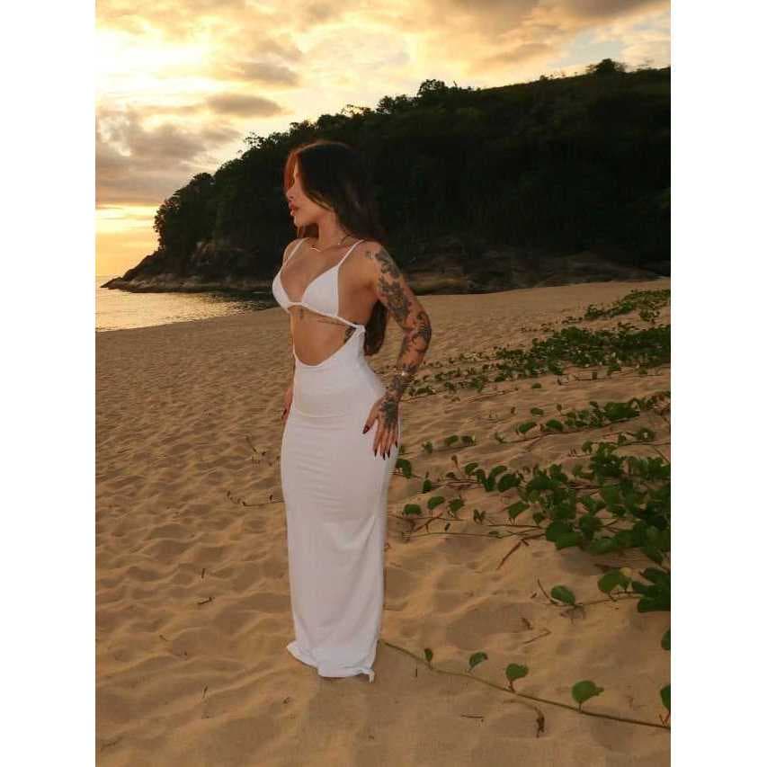 Vestido Longo Feminino Praia Verão Luxo Com Amarração Moda Gringa Branco Liso