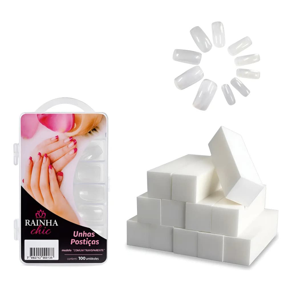 Kit 100 Unhas Postiças Curvatura C + 30 Lixas Bloco Manicure