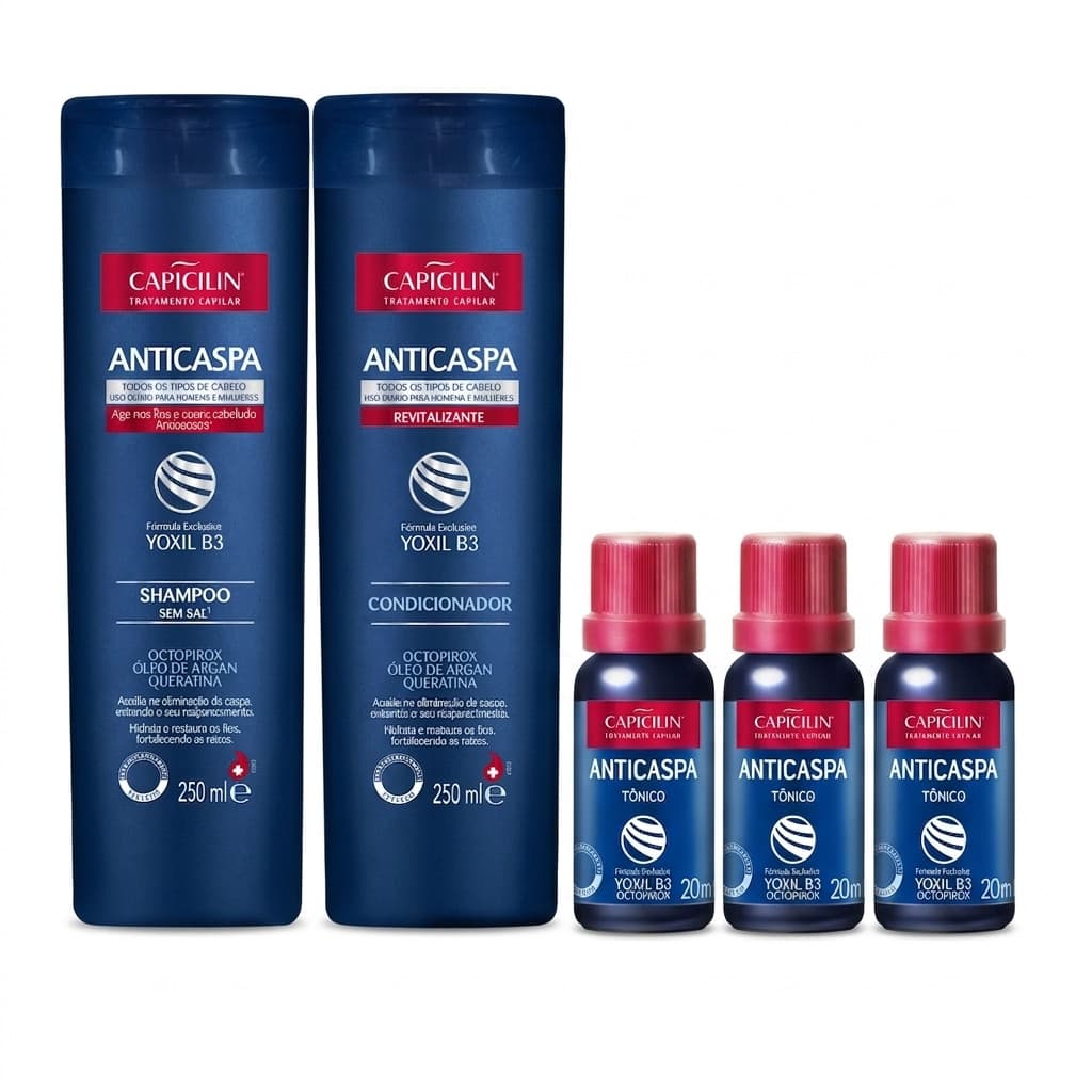 Kit Anticaspa Sh 250ml + Cond 250ml+ 3 Ampola 20ml Capicilin