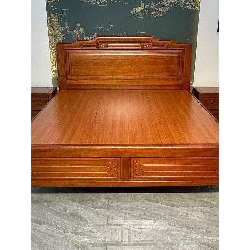 Cama de madeira maciça de jacarandá dourado, estrutura de espiga, cama mestre dupla, 1.8m, clássico chinês, grade de aba
