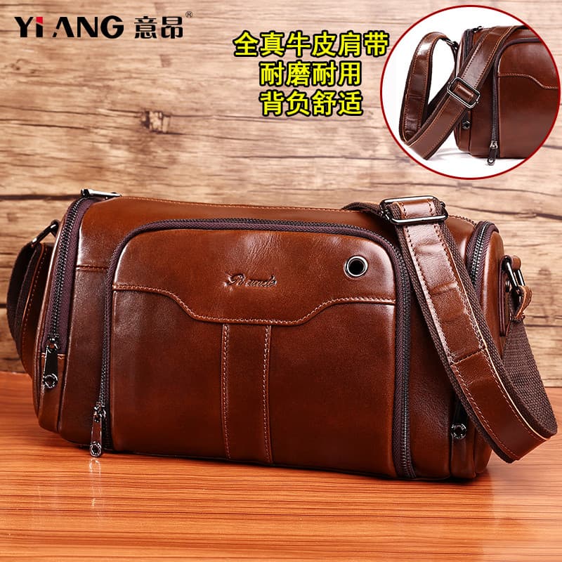 Bolsa mensageiro de ombro de couro genuíno Vintage, mochila Horizontal de couro puro masculina, grande capacidade, couro