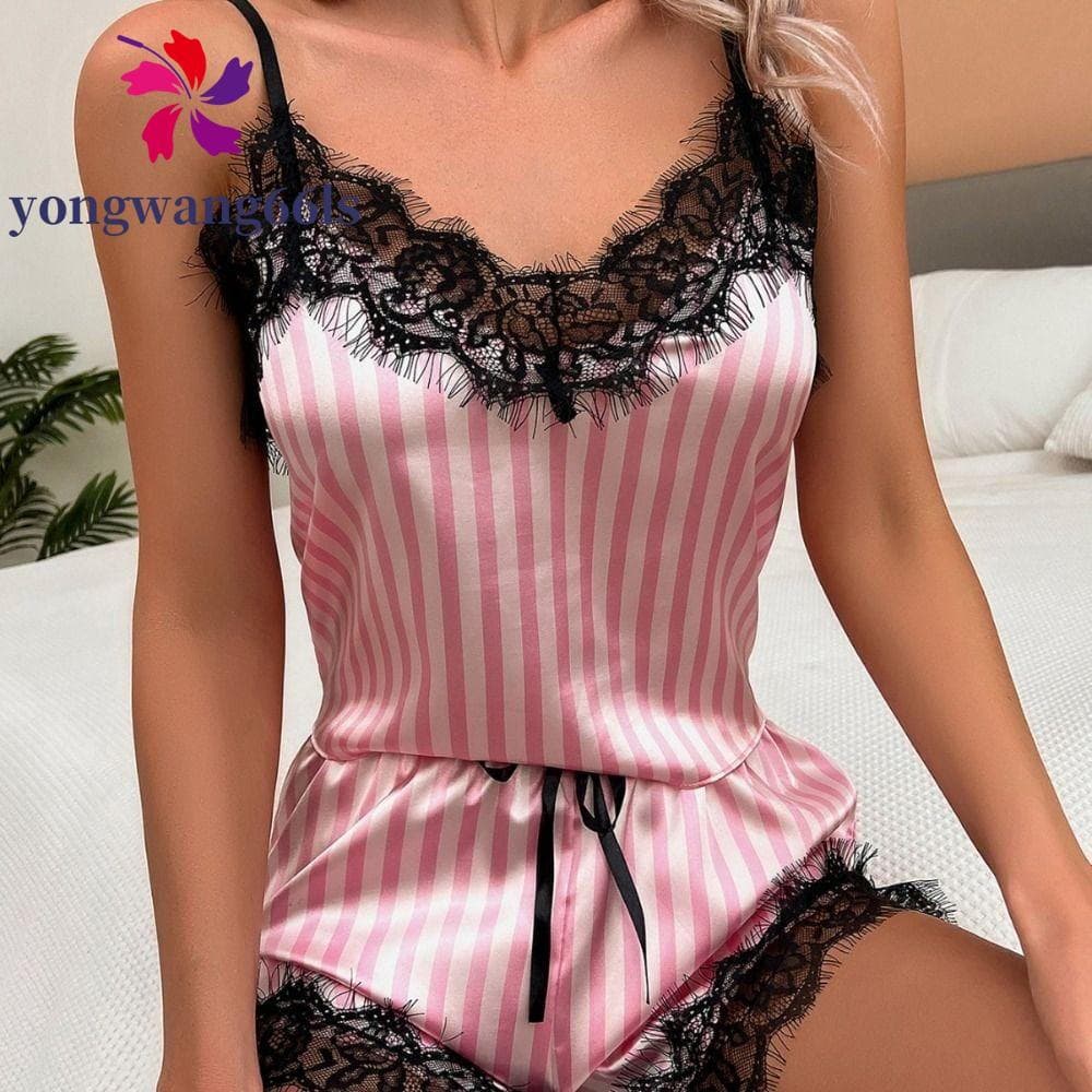 YONGWANG Terno De Pijama De Renda , Roupa De Dormir De Duas Peças Com Decote Em V E Laço , Shorts Listrados Para Casa Se