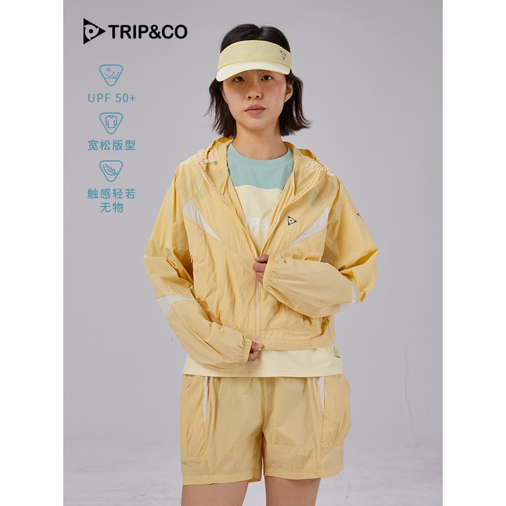 TRIP & CO Roupas curtas de proteção solar femininas verão respirável leve ao ar livre peça única cor combinando com capu