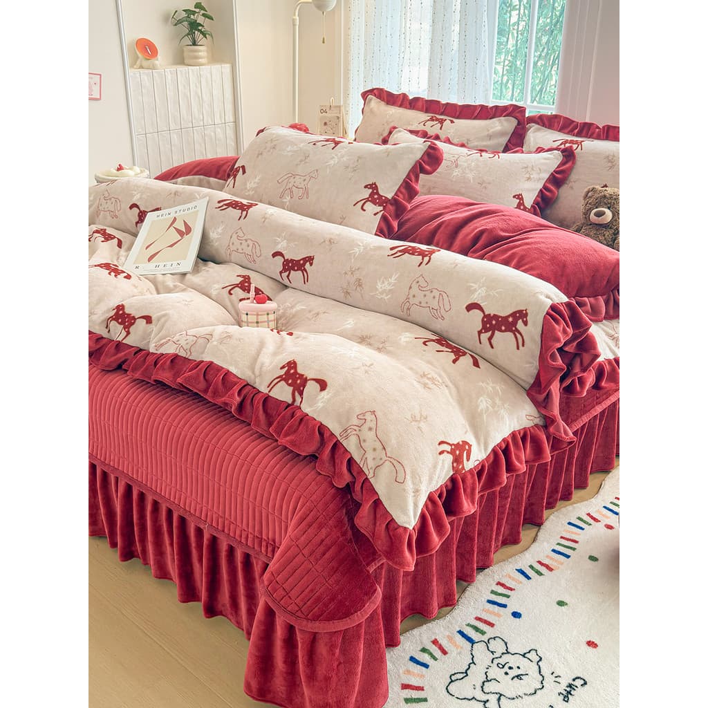 2026 novo estilo ano do cavalo mais veludo leite conjunto de quatro peças capa de cama estilo inverno engrossado Coral v