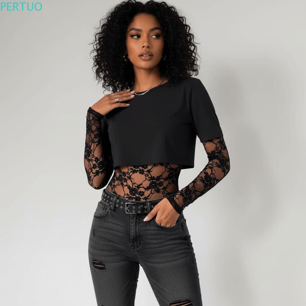 Top Curto PERTUO Slim-Fit , Camiseta Com Remendo De Renda Transparente De Malha De Cor Sólida , Falso De Duas Peças Reta