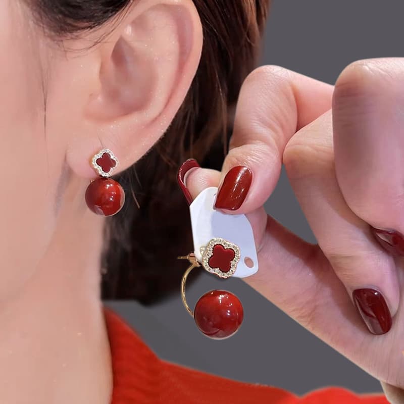 [Estoque pronto] 2026 ano novo festivo vermelho quatro folhas flor pérola brincos frente e verso brincos de agulha de pr