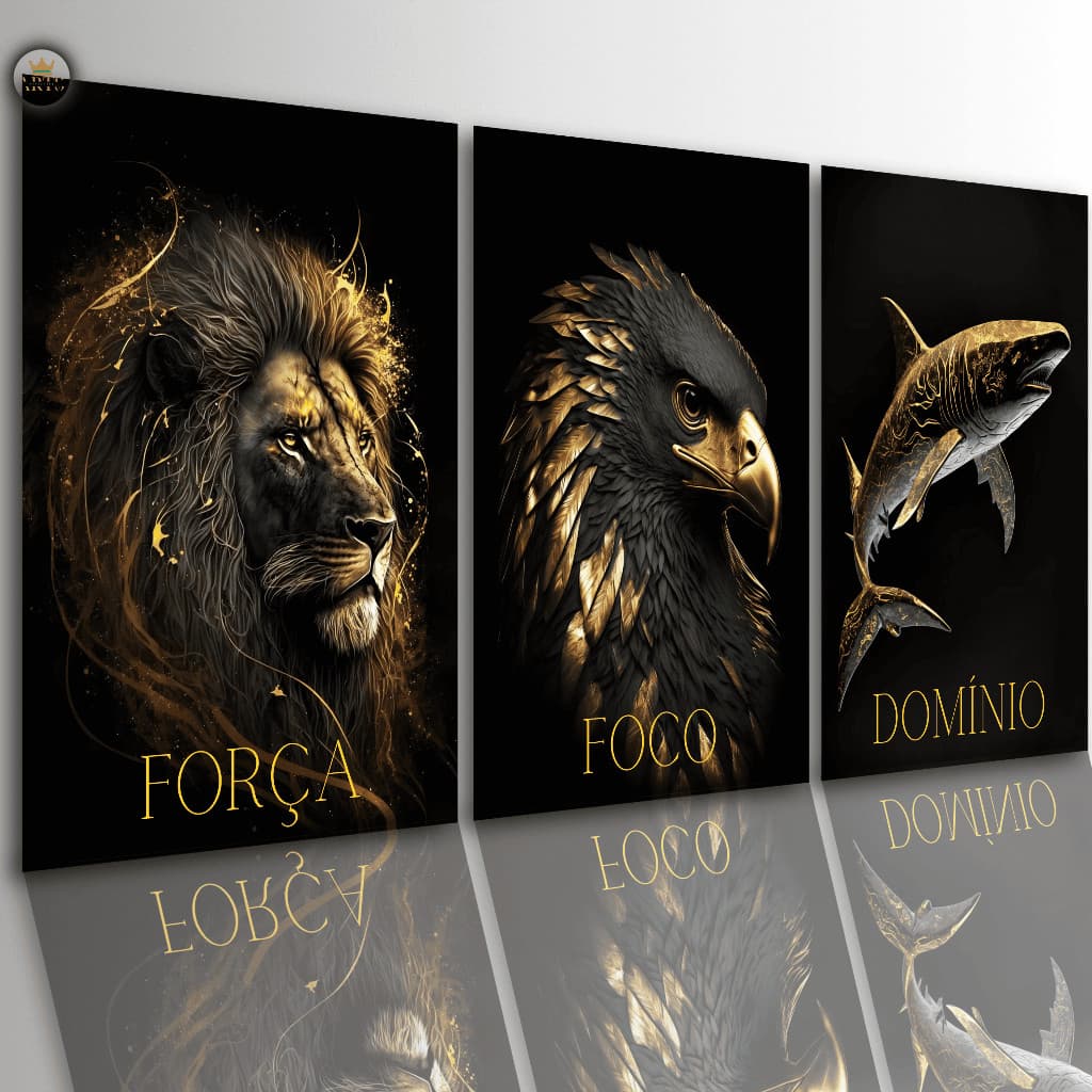 Quadros Decorativos Motivacionais Leão Força Luxo Preto e Dourado Sala Quarto
