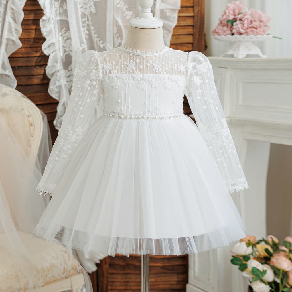 Vestido De Princesa Infantil Saia Fofa Um Ano De Idade Bebê Menina Gaze Fina Manga Comprida Renda Bordado Grânulo Batism