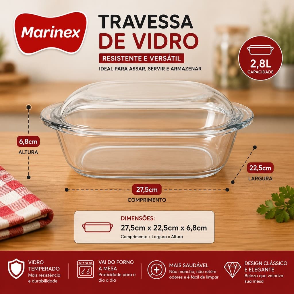 TRAVESSA REDONDA DE VIDRO COM TAMPA 2,8L