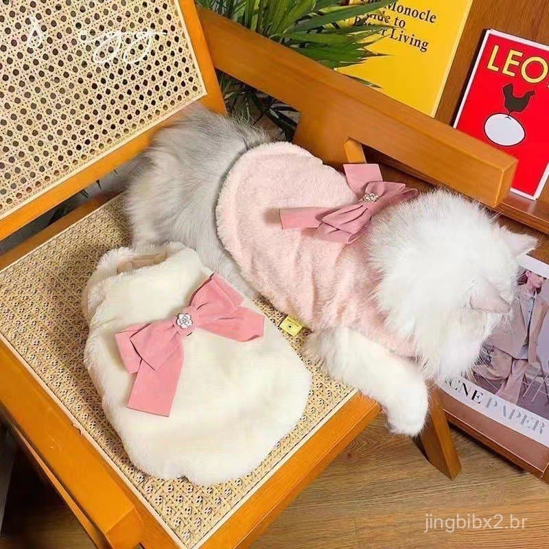Colete de Algodão Quente para Cães de Estimação com Laço Grande de Pelo Sintético, Roupas para Gatos, Teddy, Yorkshire,