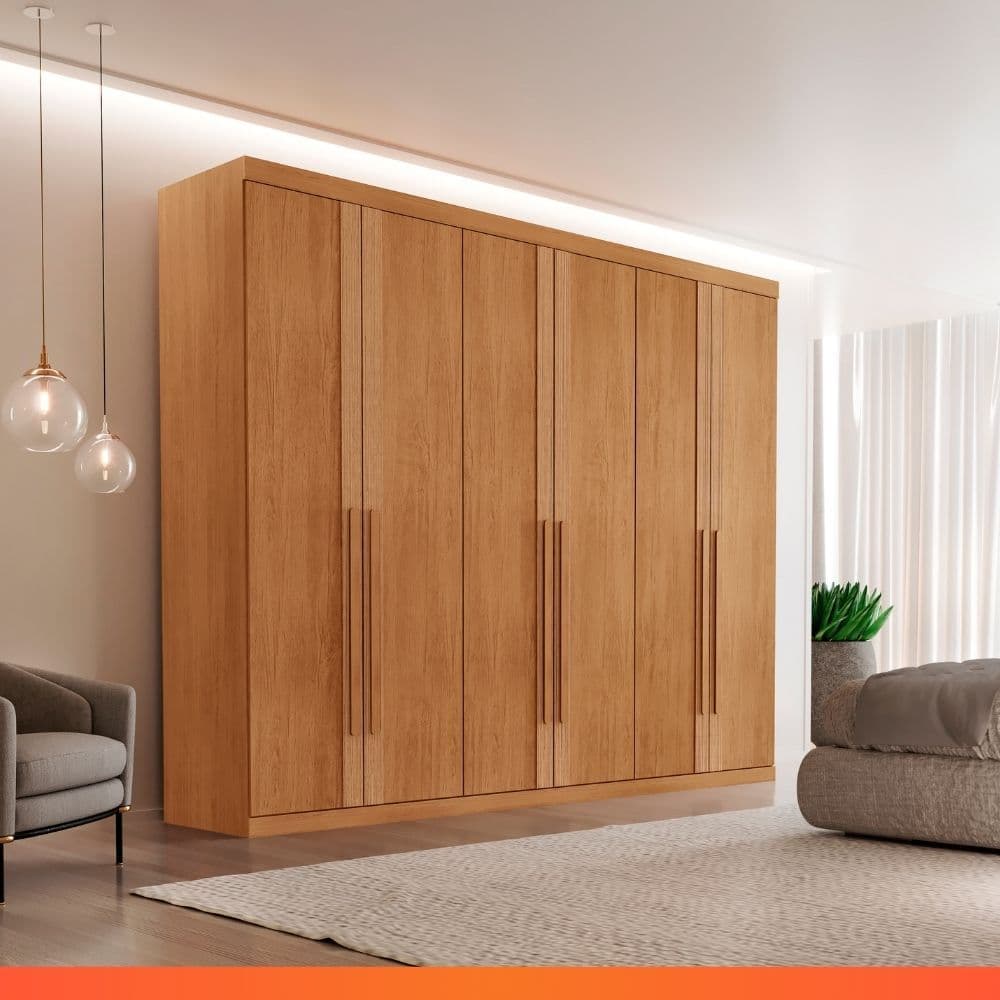 Guarda Roupa Casal 6 Portas Lucca Premium Rufato 100% MDF 6 Gavetas Naturale 273cm - Naturale