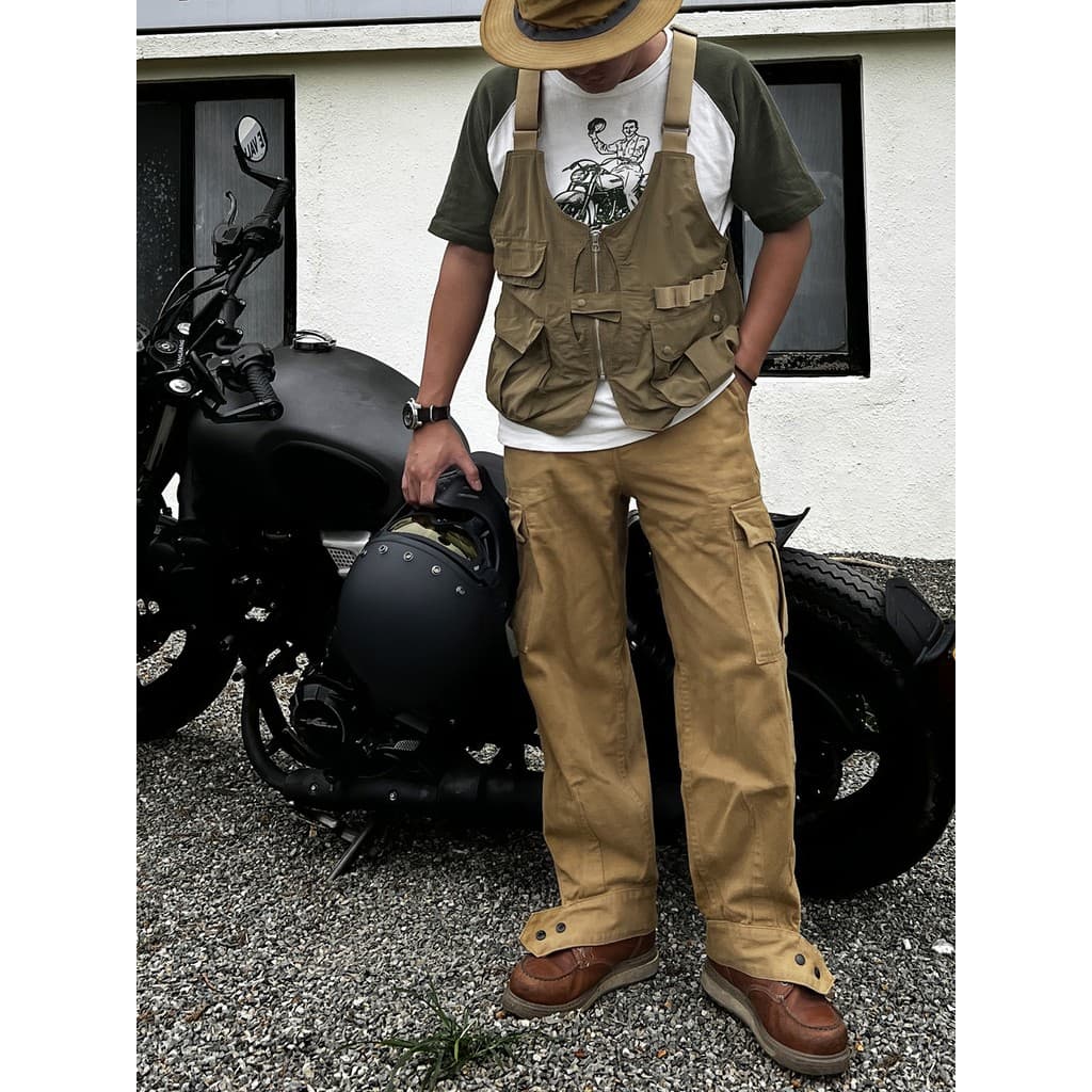 NÃO ESTOQUE Americano Retro M-64 Pesado Solto Sarja Grossa Cintura Alta Cáqui Macacão Motocicleta Calças