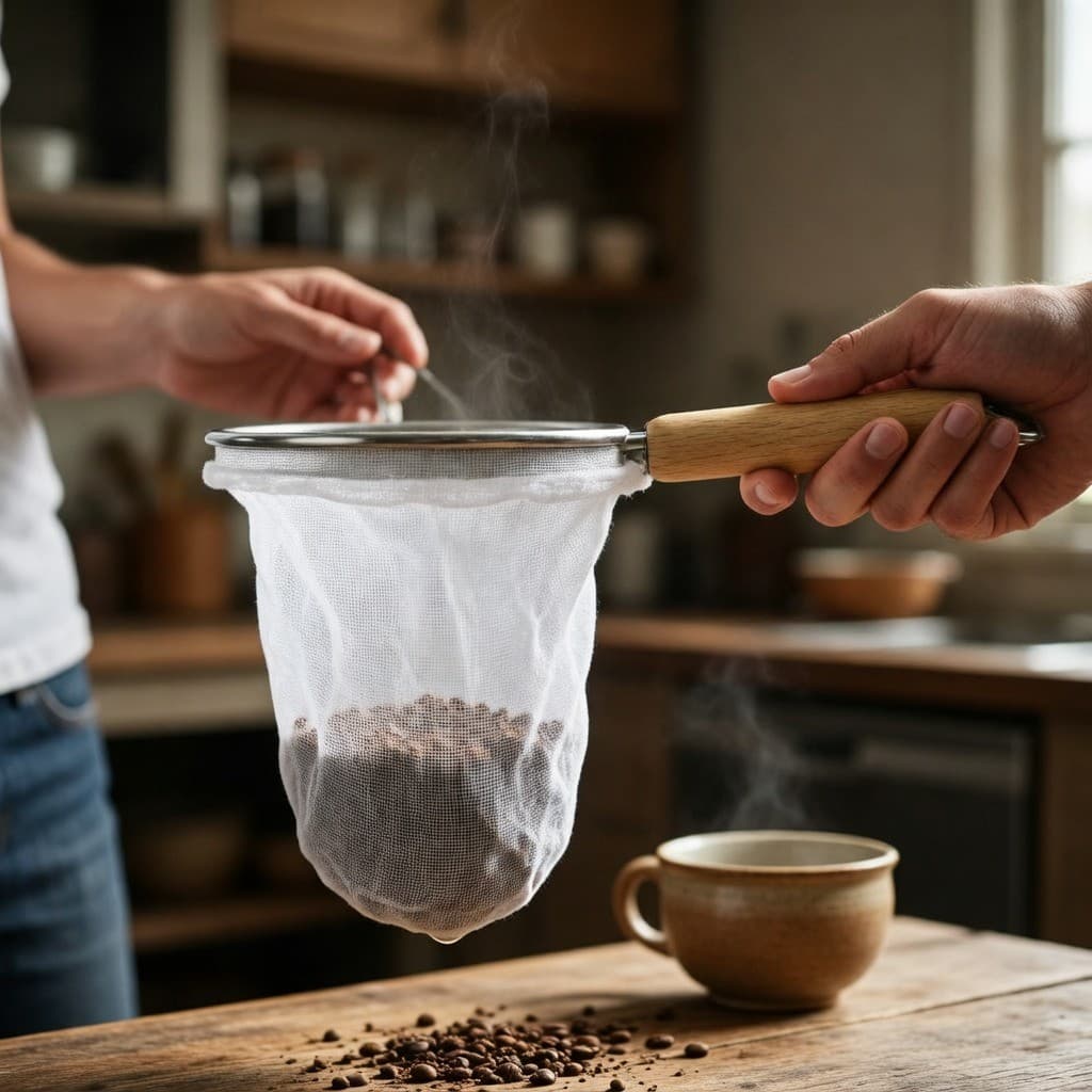 Coador de Café em Malha Fina com Cabo de Madeira