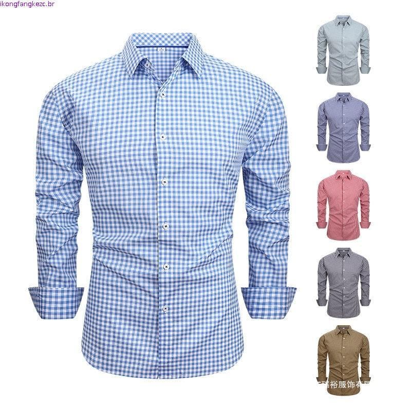 Csa Masculina De Poliéster Elastano Com Gola De Lapela Xadrez Manga Comprida Botões m Fit Casual Formal Para Festa De E