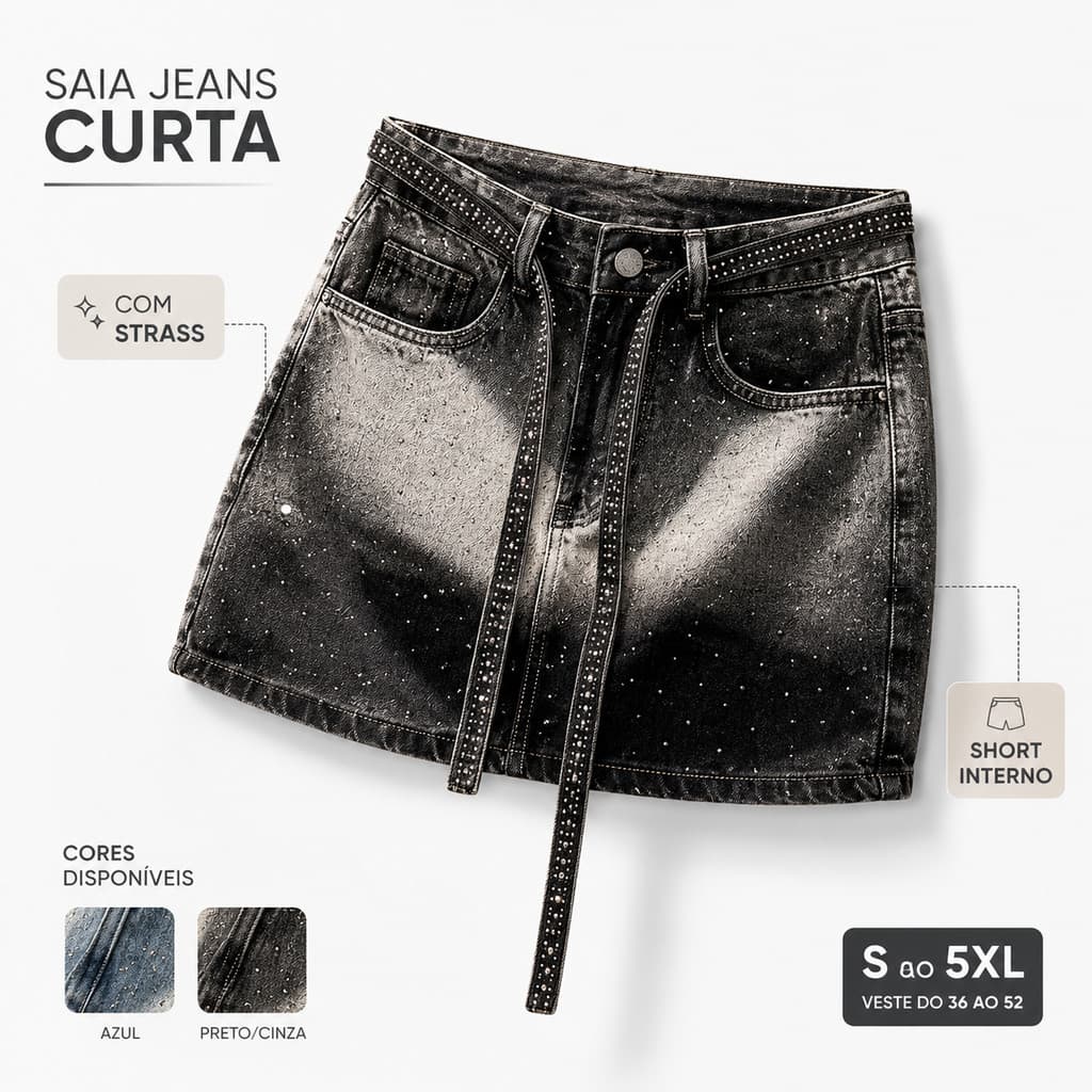 Saia Jeans Curta Feminina Plus Size do P ao 4XG com Strass, Cinto e Short Interno