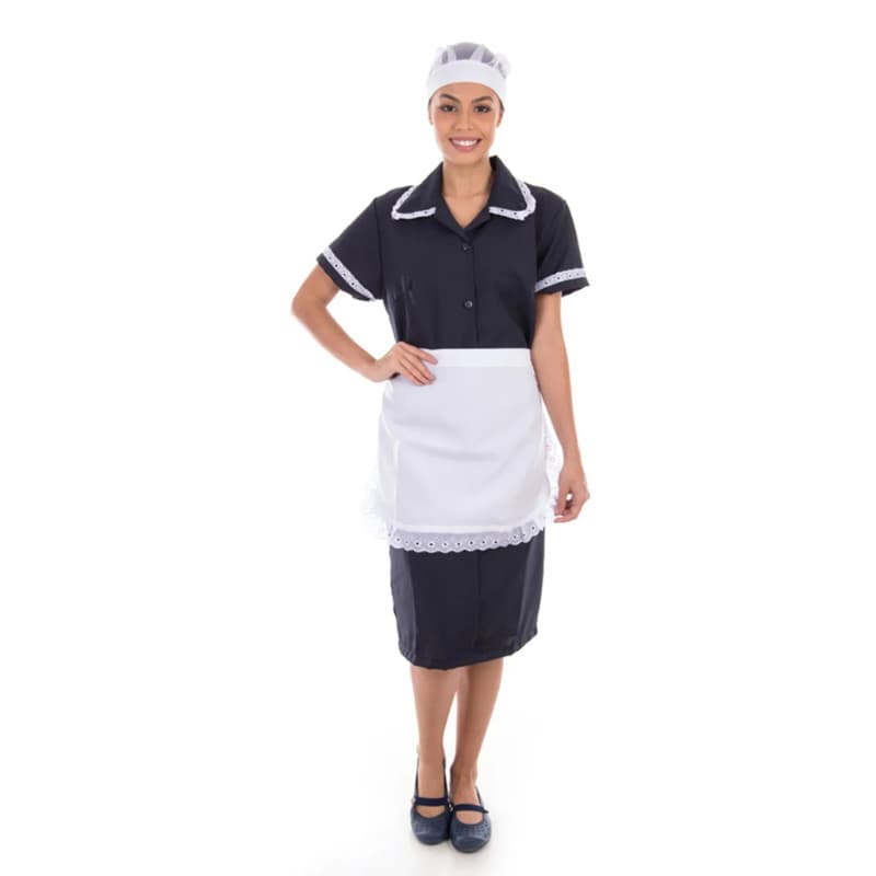 Vestido Tecido Oxford Com Avental e Detalhes em Bordado Ingles Copeira, Faxineira, Doméstica