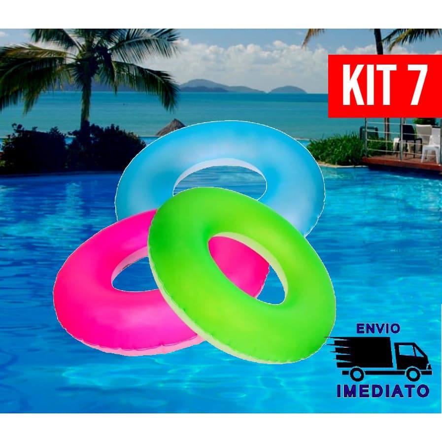 Kit 7 Bóia Inflável Circular Neon Redonda de Piscina 76cm para Criança e Adulto