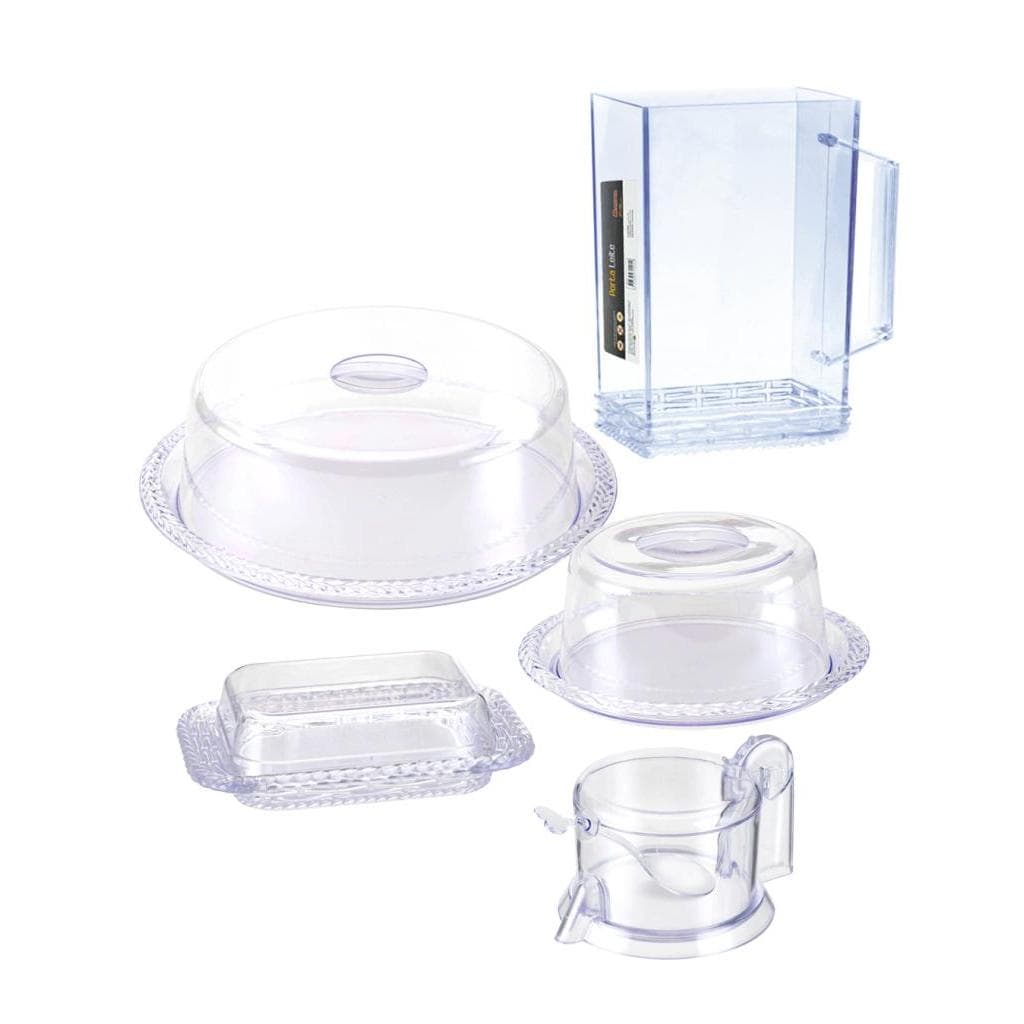 Kit Acrílico 5 Peças Porta Bolo Trança 26cm Queijo Leite Manteigueira Açucareiro Mesa Posta Utilidades