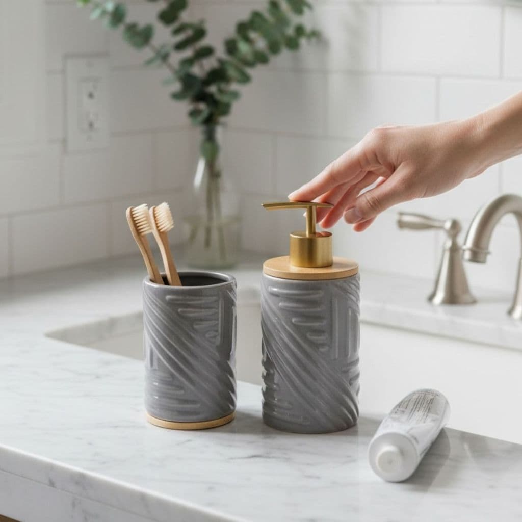 Kit Banheiro 2 Peças Lavabo Porta Sabonete Líquido Dispenser Porta Escova de Dente Decoração