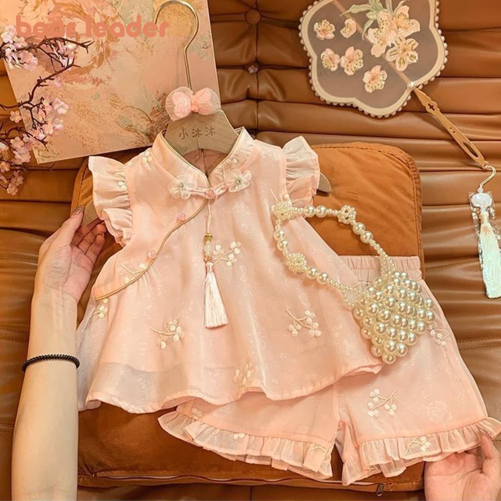 Líder Do Urso Summer Chinese Style Girls Suit Pink Flower Bordado Com Mosca De + Shorts Conjunto De Duas Peças Sweet Tas