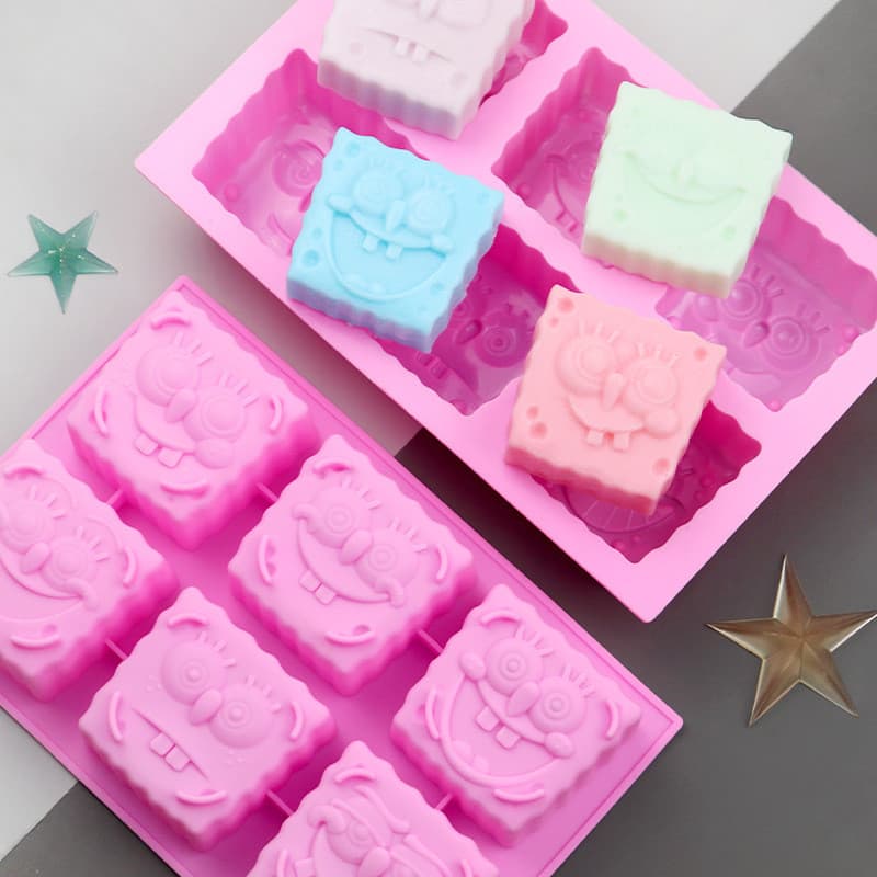 Moldes De Chocolate Bob Esponja Calça Quadrada De 6 Cavidades Goma De Silicone-Molde De Doces E Bandeja De Cubos De Gelo