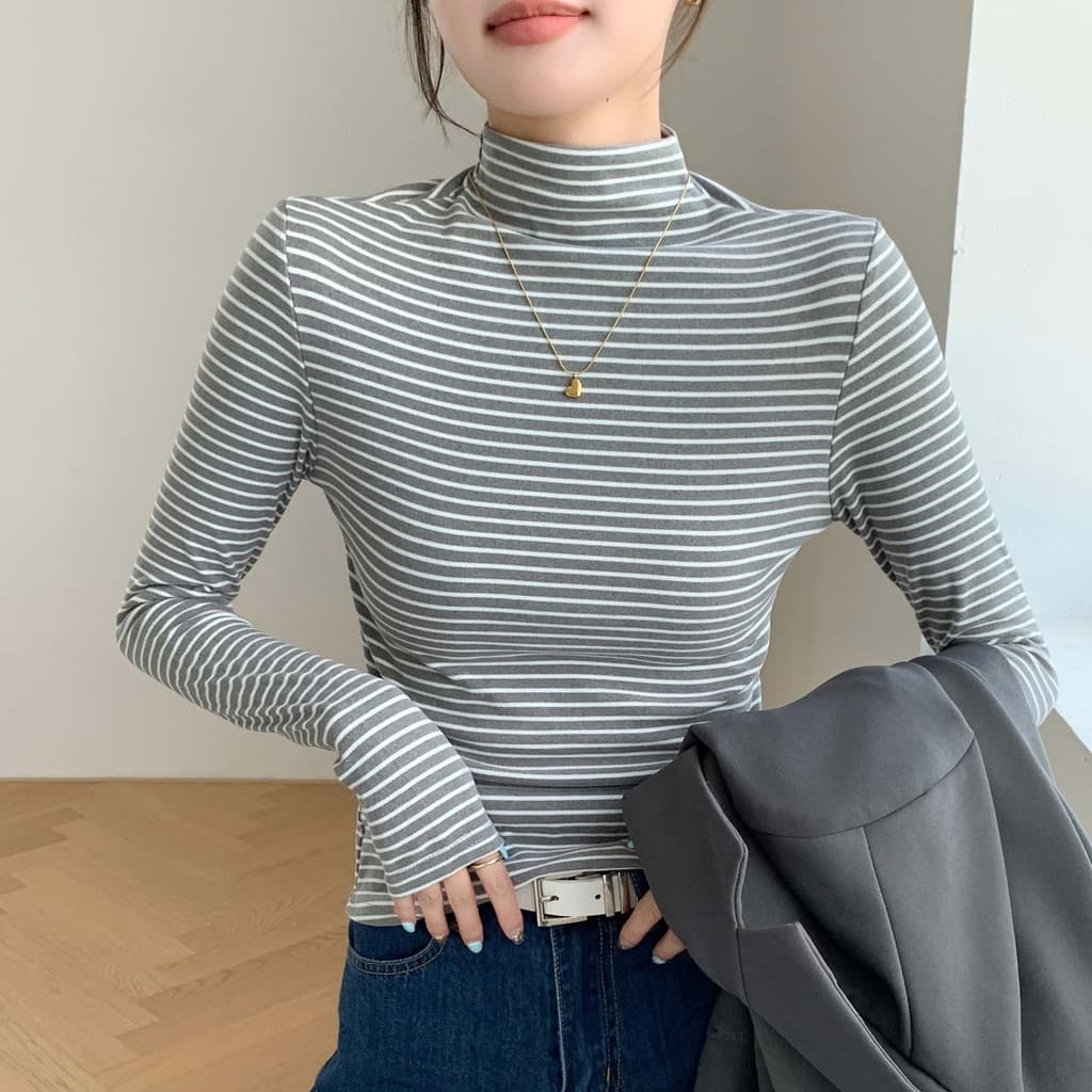 H246 novo estilo listrado camisa de fundo feminino Casual versão coreana meia gola alta topo riscas de manga comprida ca