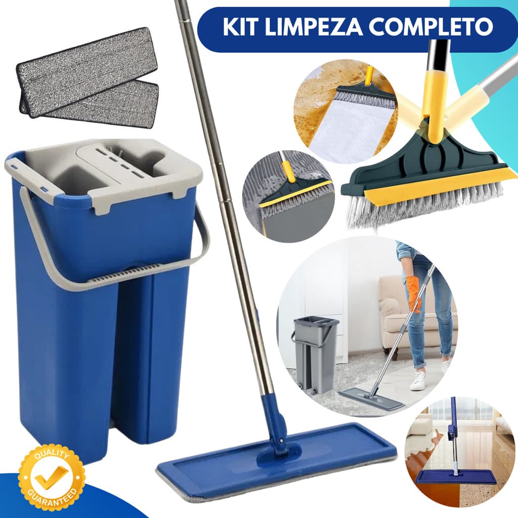MOP Flat Limpeza com Balde Lava Seca + Escova 2x1 Vassoura Rodo para Box, Piso Banheiro KIT LIMPEZA