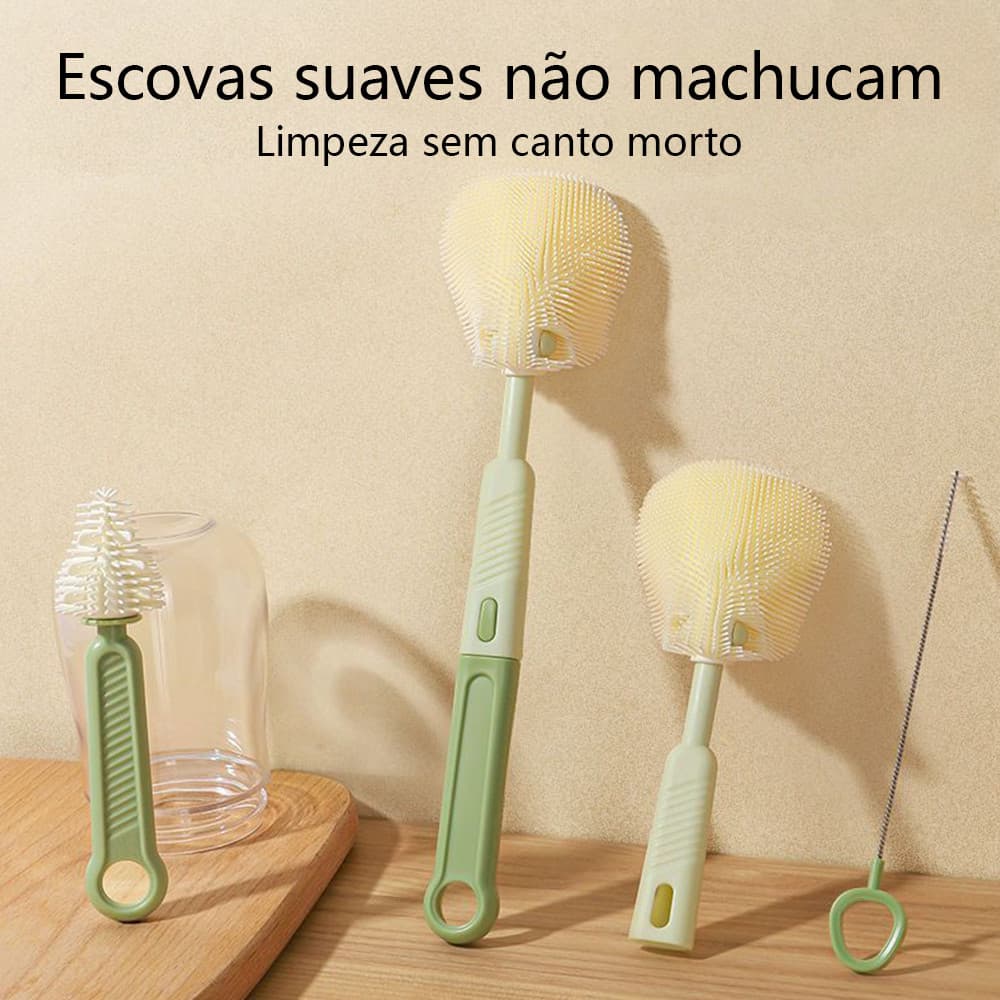 Kit Higiene 3 Peças Escovas para Limpeza de Mamadeira Garrafinhas e Copos Multifuncional Prática e Durável Ideal