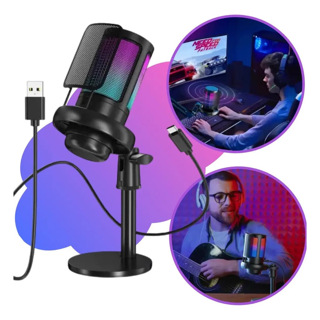 Microfone Condensador USB RGB Profissional Gamer Preto