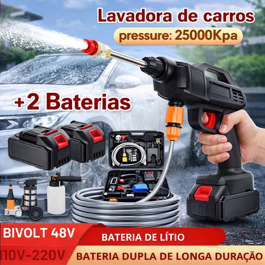 Portátil de Alta Pressão sem Fio com 2 Baterias Recarregáveis Kit Completo com Maleta Carro Moto Jardim e Uso Doméstico