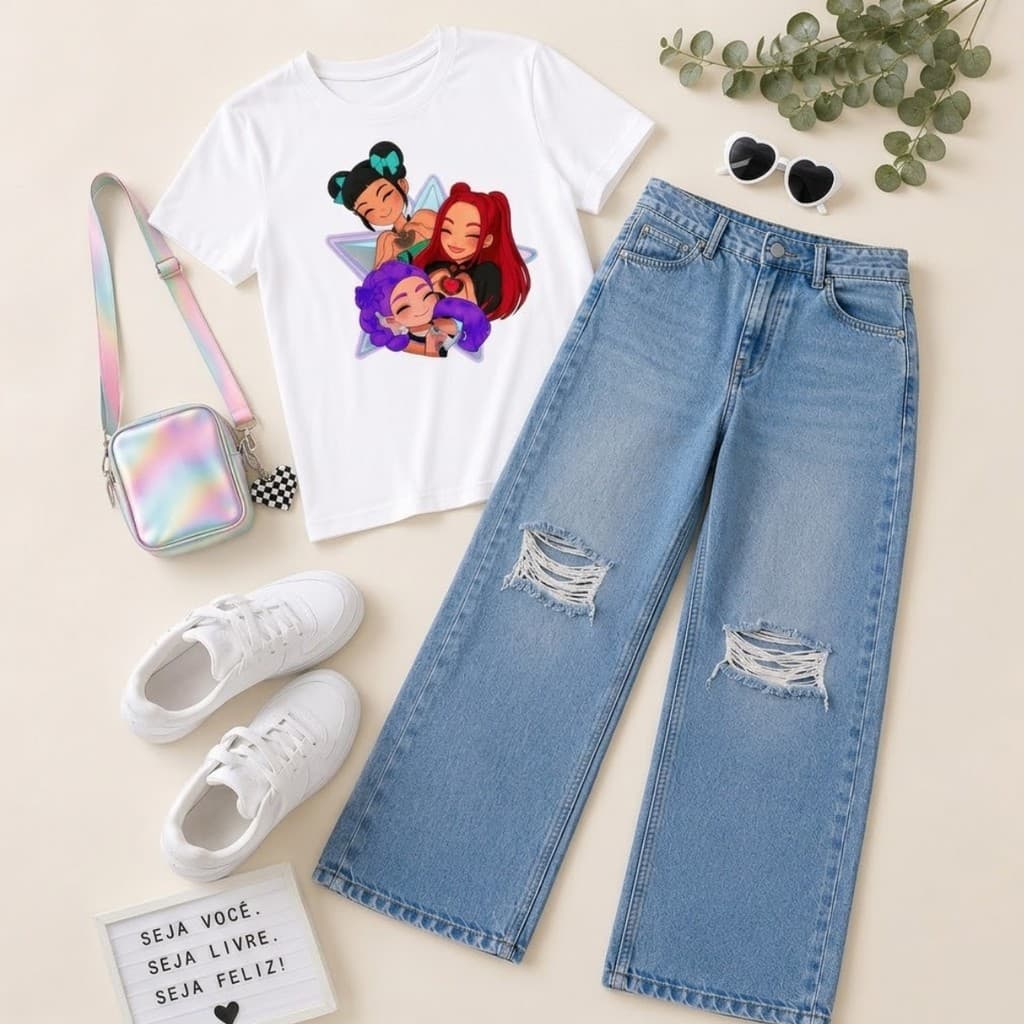 Conjunto Infantil Estiloso Huntrix Camiseta + Wide Leg Jeans