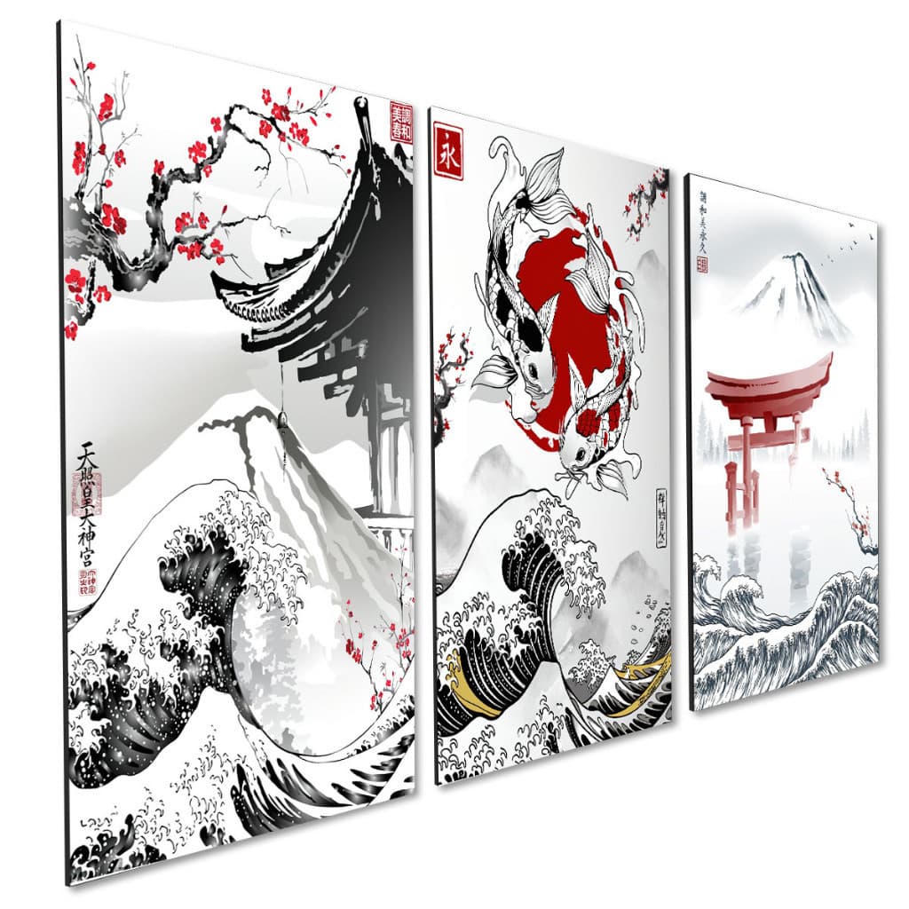 Kit 3 Quadros Decorativos Onda Kanagawa Japonês Carpa Yin Yang