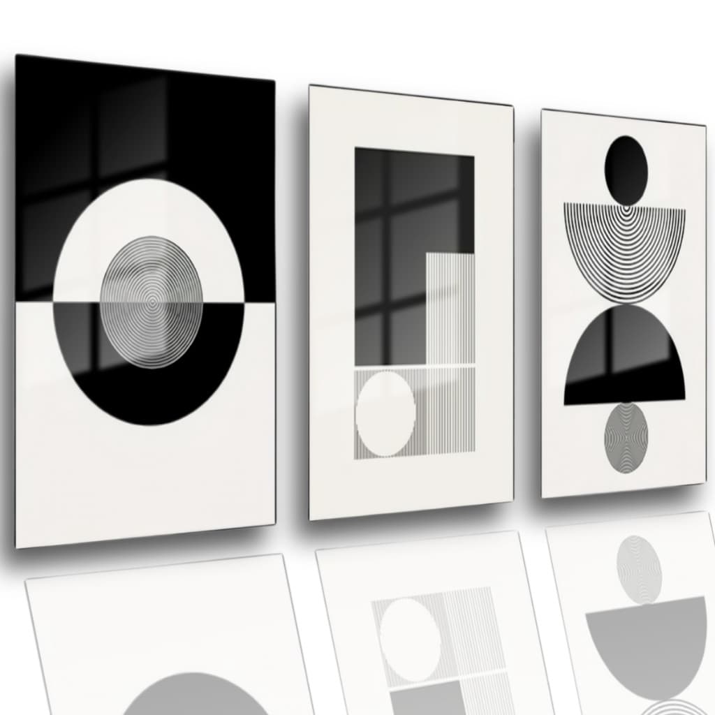 Quadro Decorativo 3 Peças Abstrato Arte Moderna Geométrica Formas Preto e Branco Para Sala, Quarto