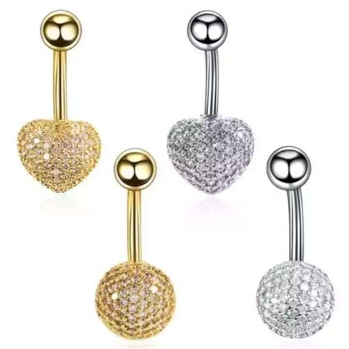 Piercings de Umbigo Redondos e em Formato de Coração em Aço Cirúrgico com Zircônia Brilhante