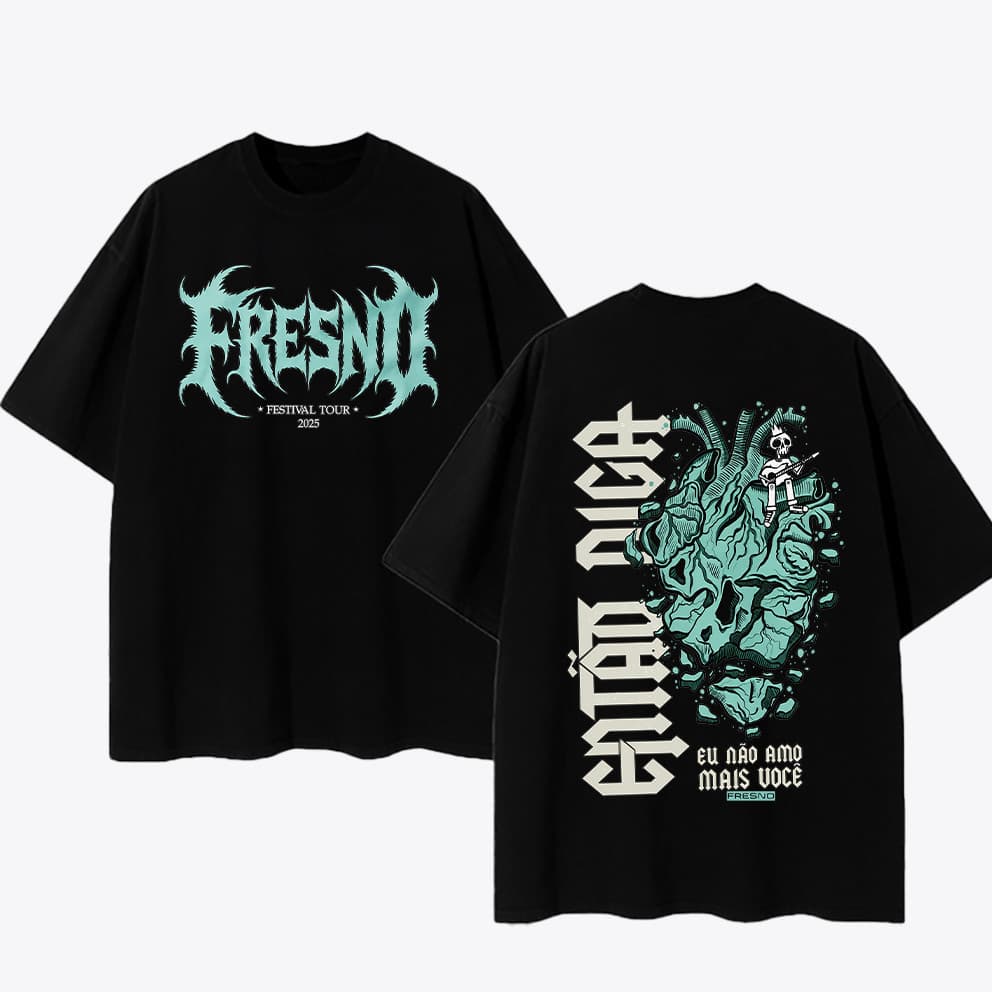 Camiseta Preta Oversized de Algodão Unisex, Estampa da Banda Fresno Tour 2025, Moda Urbana Rock e Alternativa