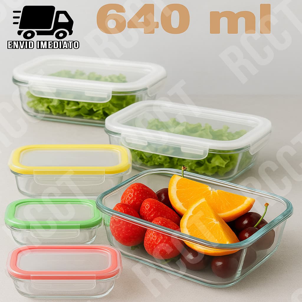 Pote de Vidro Refratário 640ml Tampa Colorida Hermético Freezer Forno e Geladeira