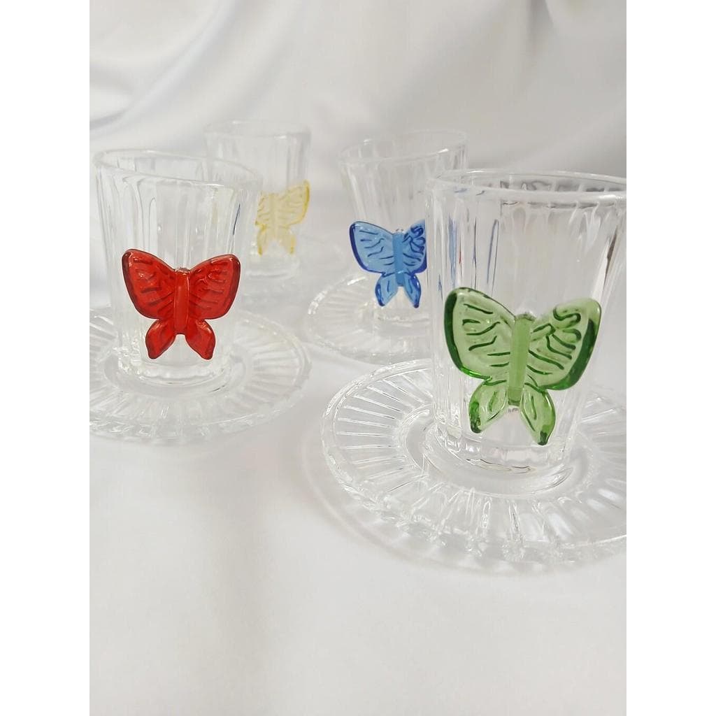 Jogo 4 Xícaras de Café Cristal  Alça Borboleta Colorida 110ml Com Pires Conjunto Mesa Posta Luxo
