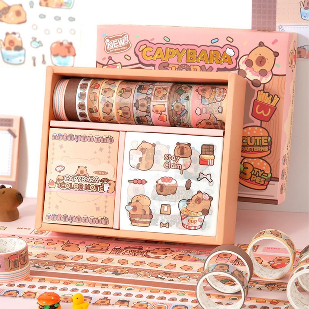 Kit DIY Scrapbooking Journal Papelaria Capivara Fofa ;com Sticker Washi Tape Papel Colagem Aesthetic