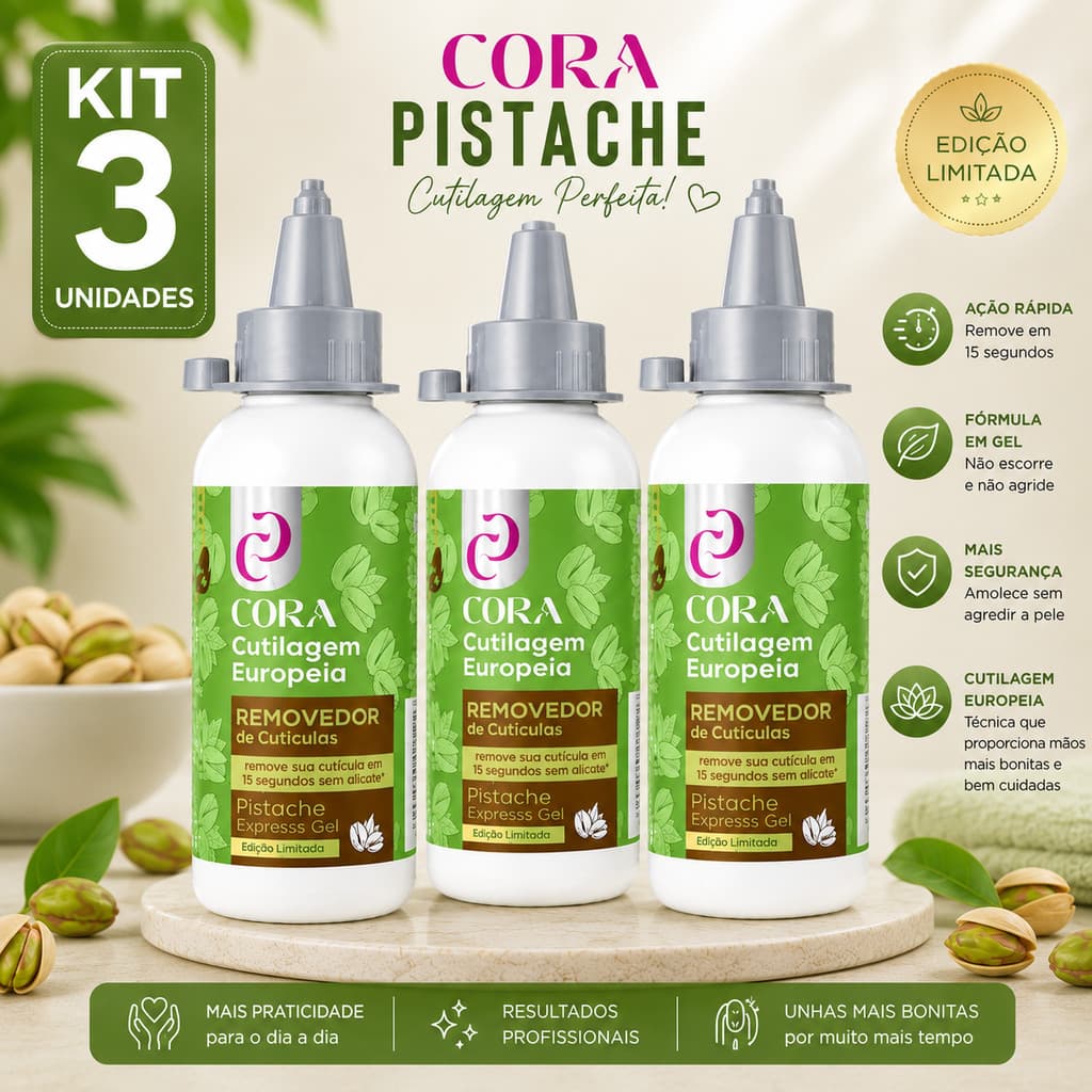 Kit 3 Removedor De Cutículas Cora Pistache 100ml Cutilagem Europeia Expresso Gel em até 15 segundos sem Alicate