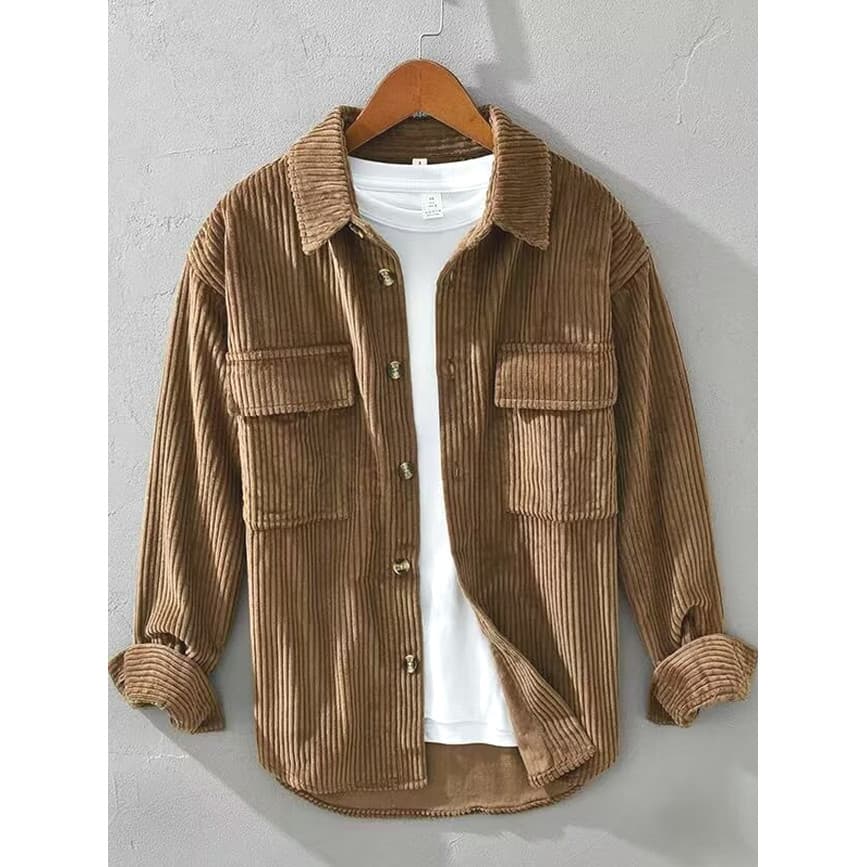 Jaqueta Cargo retrô americana masculina com bolso duplo listrado camisa de lã jaqueta de lã texturizada camisa de veludo