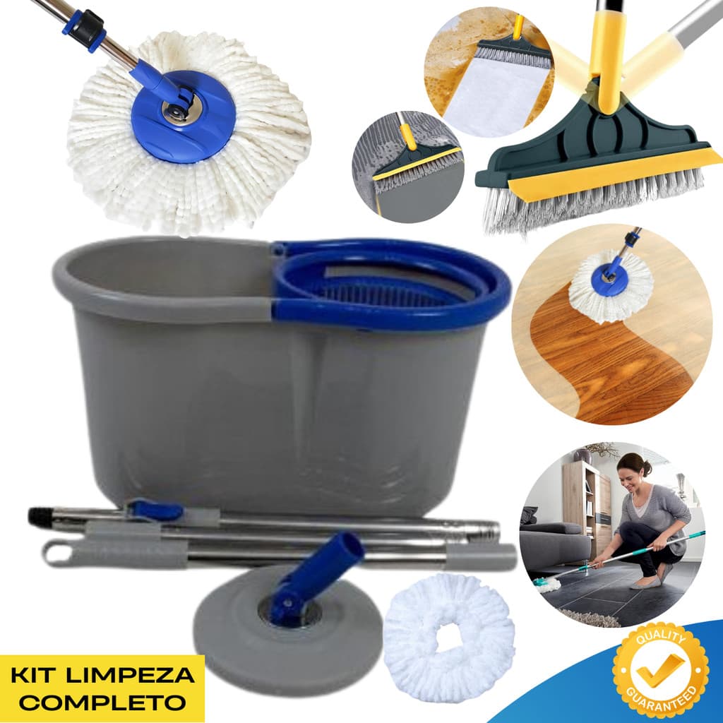 Mop Limpeza Giratório 360º Cabo Inox Balde 8L + Escova 2 em 1 para Banheiro e Box Faxina Completa