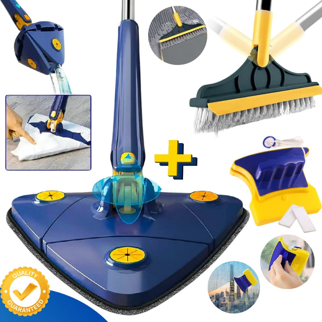 MOP Triangular Giratório + Escova Rodo p/ Banheiro e Box + Limpador Magnético p/ Vidros