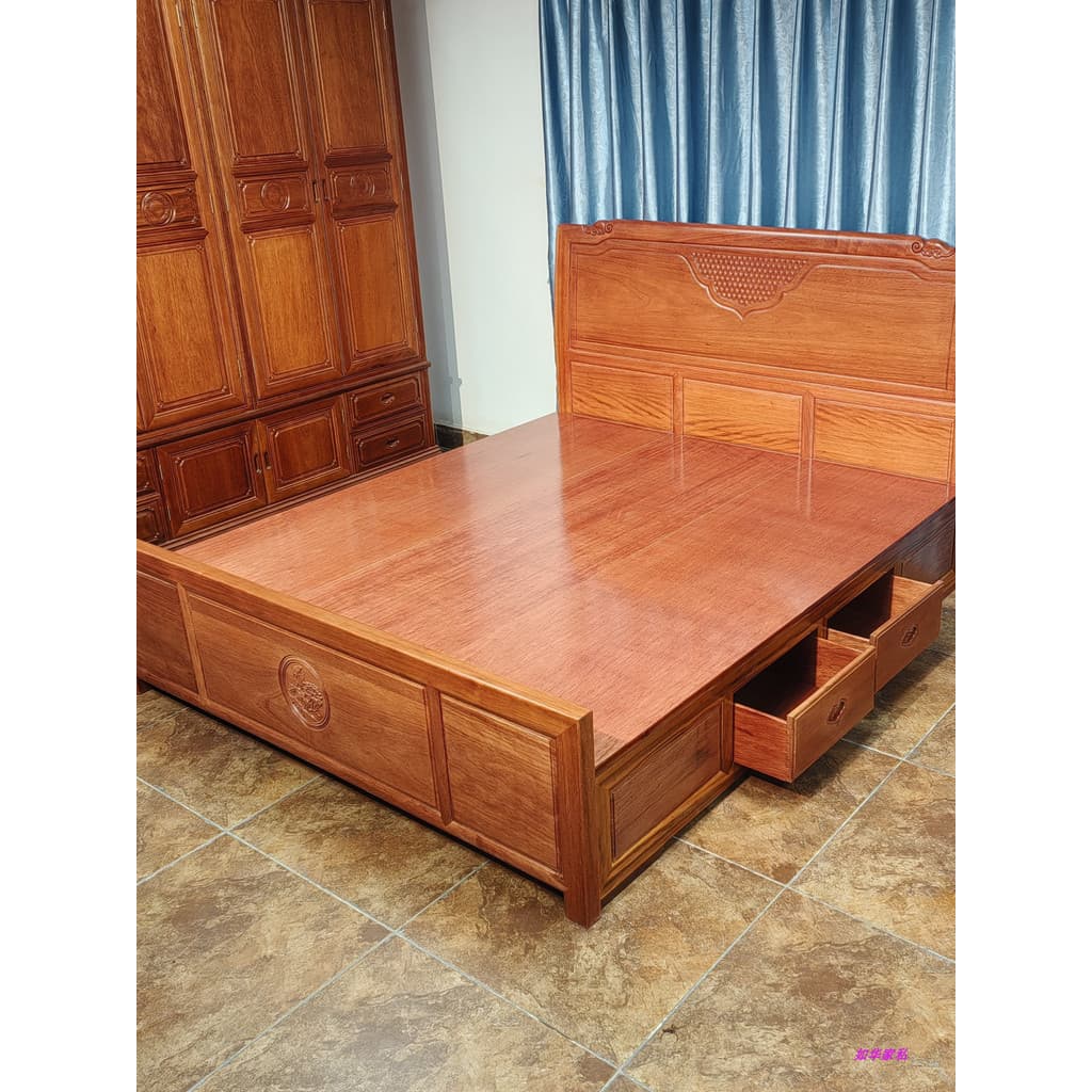Cama de casal de madeira com grade de abacaxi em mogno, cama de madeira sólida, cama dupla para casamento, cama grande d