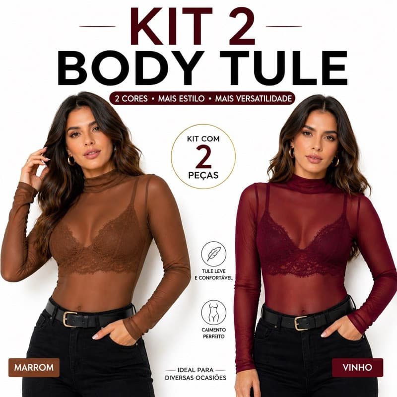 Kit 2 Body Tule Transparente Manga Longa Estilo Blogueiras Tamanho Único Moda Tendência